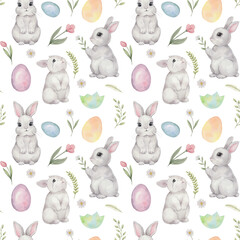 Fototapeta premium Watercolor Easter pattern with cute rabbit 