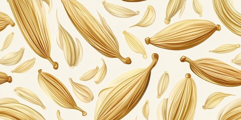 An abstract seamless background featuring stylized golden seed pods and delicate shapes on a light cream surface