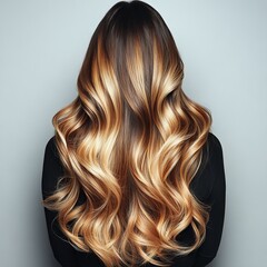 Naklejka premium A portrait captures the back of a beautiful young woman, a brunette with long, flowing wavy hair