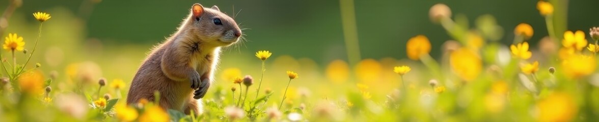 Obraz premium Playful marmot exploring wildflowers, sunny day, fauna, adorable, day