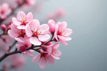 Obraz premium Delicate cherry blossoms against a soft gray background , pink, landscape