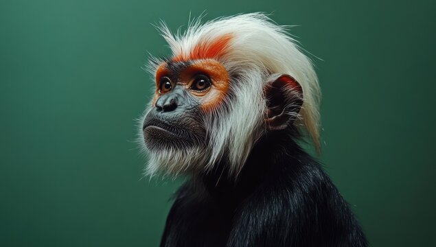 Red-shanked douc langur, studio portrait, green background, primate profile