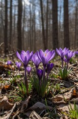 Spring blooms of purple crocuses emerge in a serene forest setting under bright sunlight