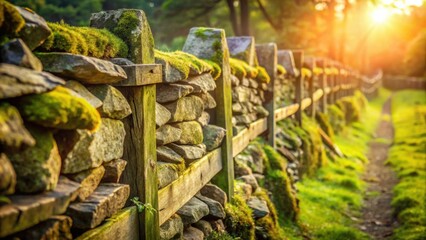Rustic stone wall fence with wooden posts bathed in warm sunlight along a verdant path
