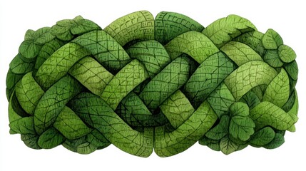 Intricate green leaf braid pattern, textured and detailed, on white background. Abstract nature design.