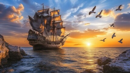 Obraz premium a painting of a pirate ship in the ocean with the sun setting in the background, gothic ship on ocean