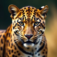 Obraz premium Powerful leopard gaze, intense stare, blurred savanna backdrop , leopard, predator, headshot
