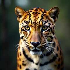Fototapeta premium Powerful leopard gaze, intense stare, blurred savanna backdrop , nature, grassland, cat