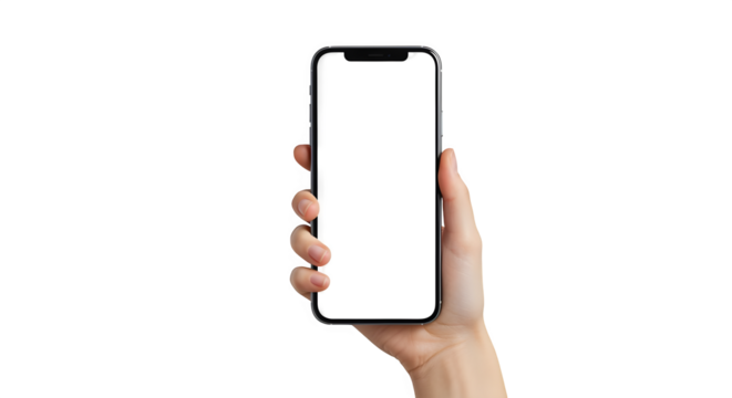 Hand holding smartphone with white screen on a black background png, jpeg, jpg, transparent background, white background. isolated on transparent background