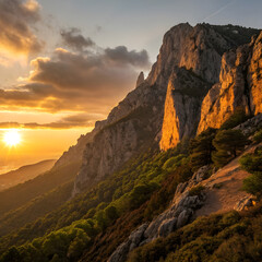 Fototapeta premium Golden Sunset over Mountain Cliff High-End Nature Landscape.