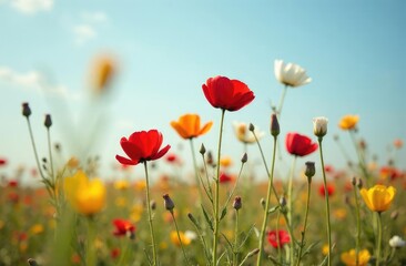 Fototapeta premium Field red, yellow, white flowers against the background of the blue sky