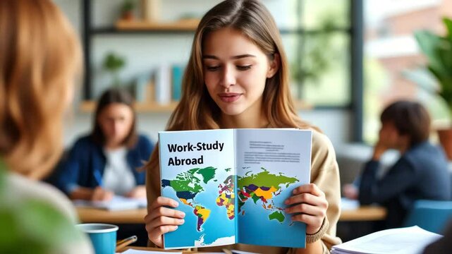 A smiling young woman holds a guidebook about work-study opportunities abroad, surrounded by a study environment with peers engaged in learning.