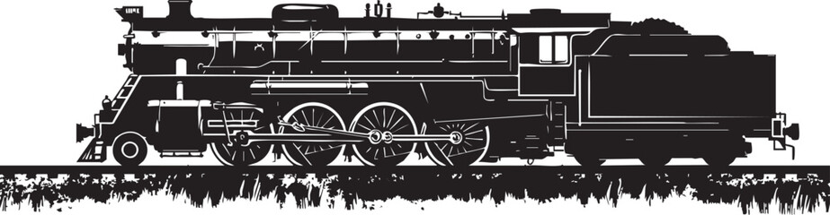 Black silhouette of a vintage steam locomotive train on railway tracks isolated on white background