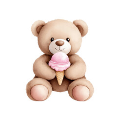 Adorable teddy bear holding a pink ice cream cone, cheerful vibe. isolated against a transparent background.