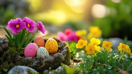 Vibrant Easter egg hunt scene with hidden eggs in garden flowers and green foliage