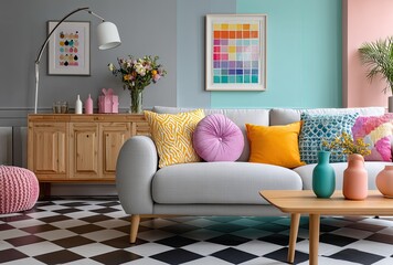 Obraz premium A Scandinavian-style living room with wooden cabinets, colorful pillows, and a white wall-hanging frame above the cabinet.