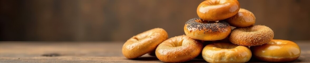 Pyramid of bagels, assorted types, soft focus background , photography, flavors, culinary
