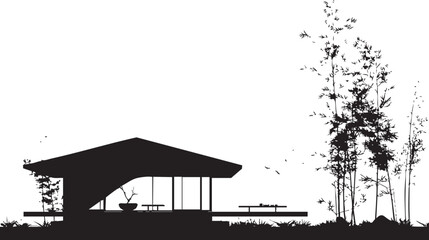 Fototapeta premium Silhouette of a modern house with flat roof and surrounding trees in a minimal outdoor landscape scene
