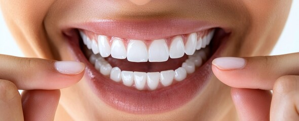 In a close-up, an unidentified black woman is seen pointing at her own healthy white teeth