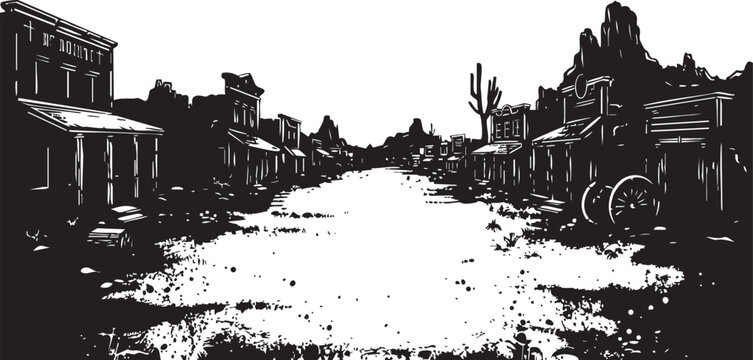 Black and white silhouette of an old western town street with buildings and desert landscape