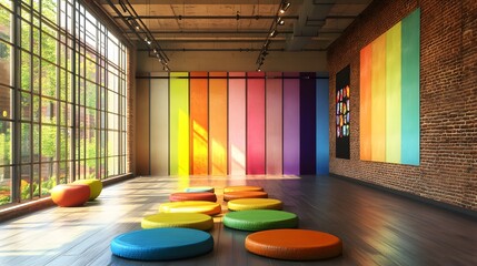 Fototapeta premium A photo studio with colorful backdrops and lighting equipment