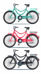 Obraz premium Three bicycles, teal, red, black, city transport, illustration, website design