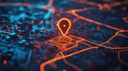 Glowing location pin on a futuristic city map.