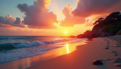 Radiant dawn casts warm hues across tranquil beach , photography, landscape, image
