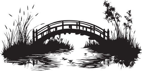 Fototapeta premium Black and white silhouette of a wooden arched bridge over a calm river surrounded by plants and trees