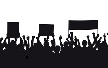 Crowd of people with hands in the air in black silhouette cheering, holding banners - protesters, demonstration, revolution, sport supporters, concert fans vector illustration