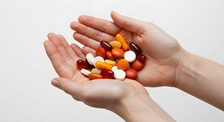 Hands holding a variety of pills and capsules against a plain white background in a studio shot