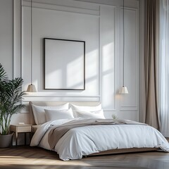 Serene bedroom interior with blank framed art and natural light design space