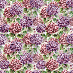 Watercolor floral seamless pattern of hydrangeas and leaves. Hand-drawn flowers composition isolated on white background. Holiday floral Illustration for design, print, fabric, background.