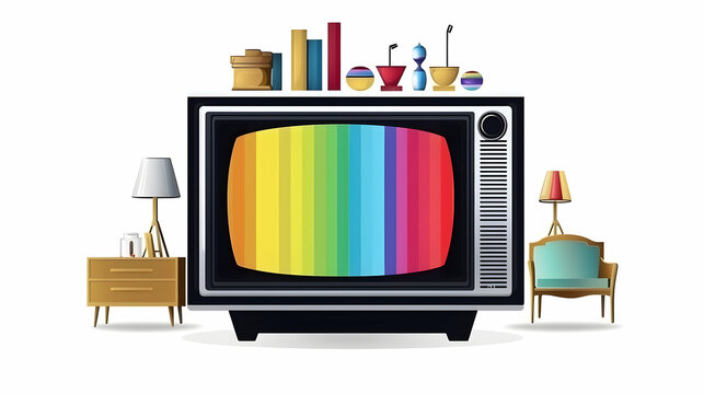 Retro TV room, vintage television showing test pattern, mid-century modern furniture, home decor, nostalgic illustration for advertising