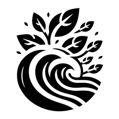 Wave and Leaves in Minimalist Black and White Style with Copy Space