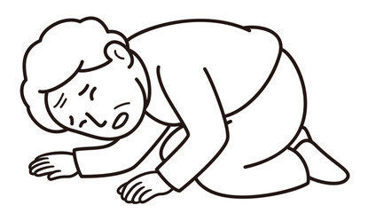 痛そうにうずくまるおばあさんのモノクロ線画ベクターイラスト(Monochrome Line Vector Illustration of an Elderly Woman Crouching in Pain)