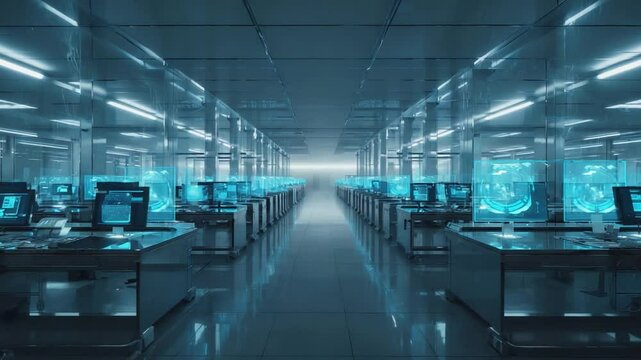 Futuristic computer lab with glowing displays.