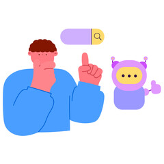 Man pointing at a search bar with AI elements surrounding, symbolizing artificial intelligence in digital search and innovation flat vector illustration