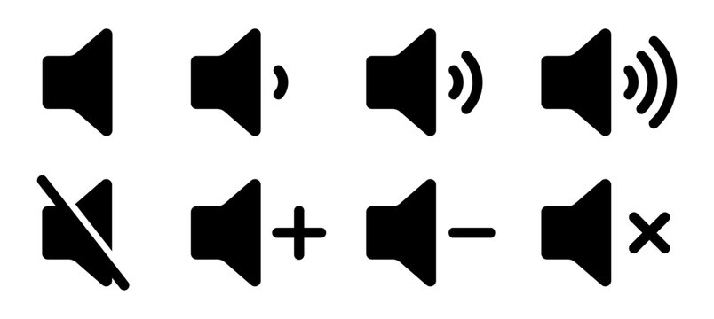 Set of audio icon variations: volume, mute, adjustments, and speaker symbols