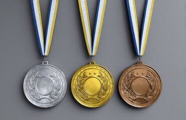three gold, silver, and bronze medals hanging on a grey background with ribbons