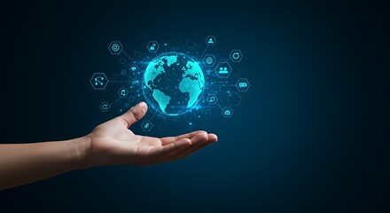 Global connectivity showcased with a luminous earth hovering above an open hand