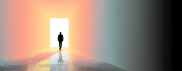 A person stands before an open door, symbolizing opportunity and new beginnings. The warm light beckons, inviting exploration and personal growth.