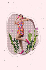 Vertical sketch 3d art collage poster of happy girl stand spring summer park walk tulips flowers bloom holiday celebration