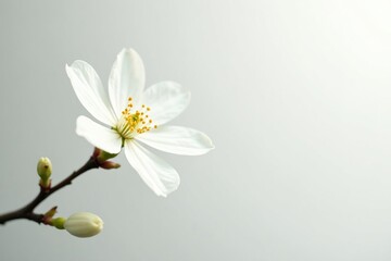 Delicate white blossom against pure white backdrop, detail, purity