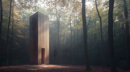 A minimalist wooden observation tower in the middle of a serene forest clearing, with soft morning light filtering through the trees, blending harmoniously with nature – Scandinavian design, peaceful 