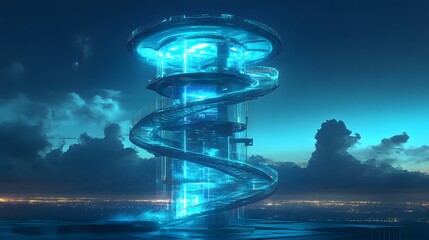 A futuristic observation tower with a spiral staircase wrapping around a transparent glass core, incorporating advanced composite materials, glowing with neon blue lights at night – cyberpunk vibe, in