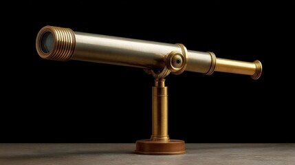 Telescope on a wooden stand. the telescope is made of brass and has a long, cylindrical body with a pointed end.