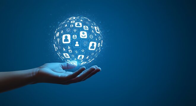 Connected world visualization with glowing social network and communication symbols