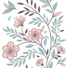 Fototapeta premium A floral pattern with large pink flowers, teal leaves, and purple stems on a white background.
