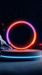 Obraz premium Neon circle podium, cosmic background, product display, futuristic scene
